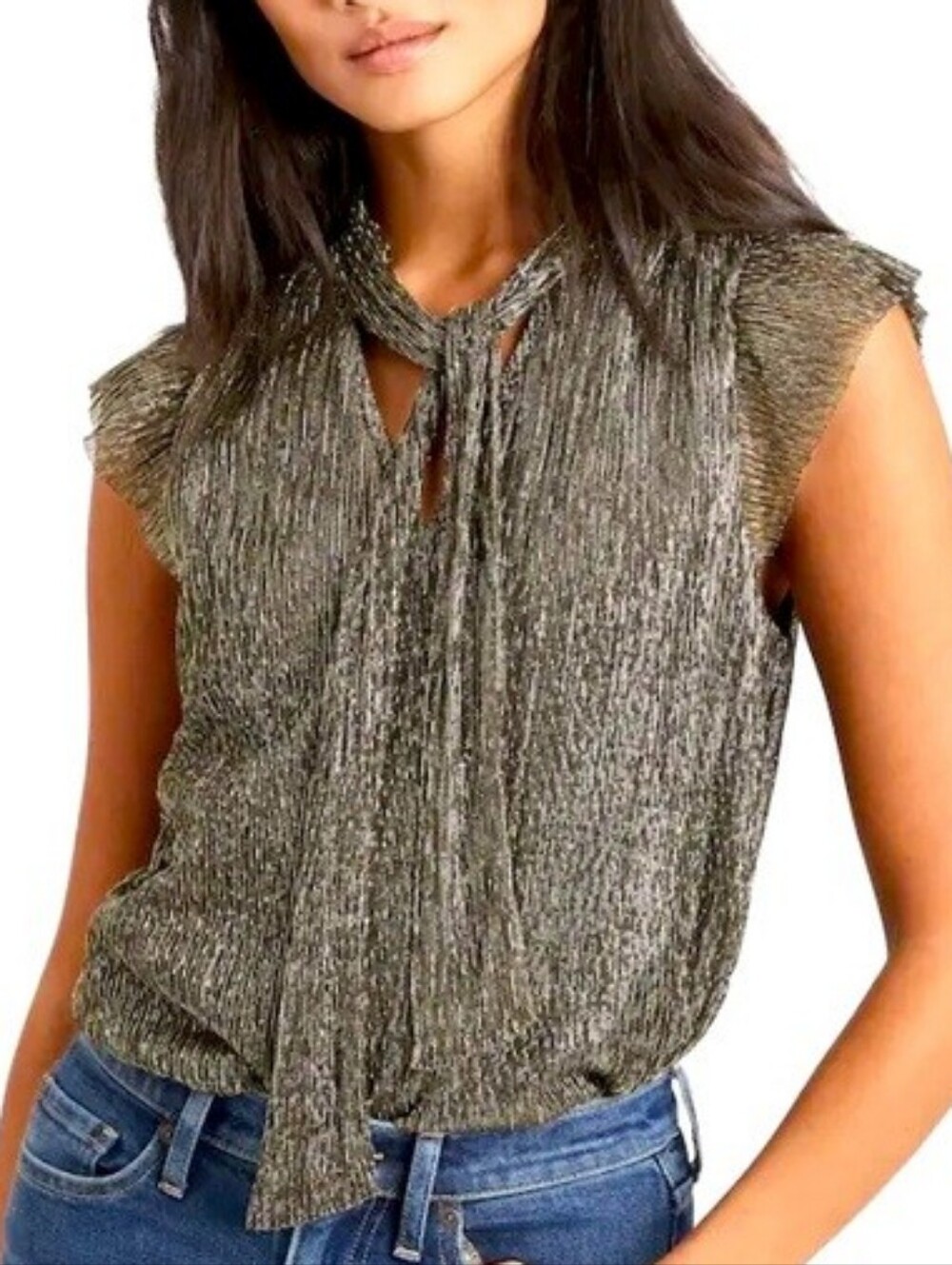 Banana Republic Gold Metallic Neck Tie Flutter Short Sleeve Blouse Large Petite
